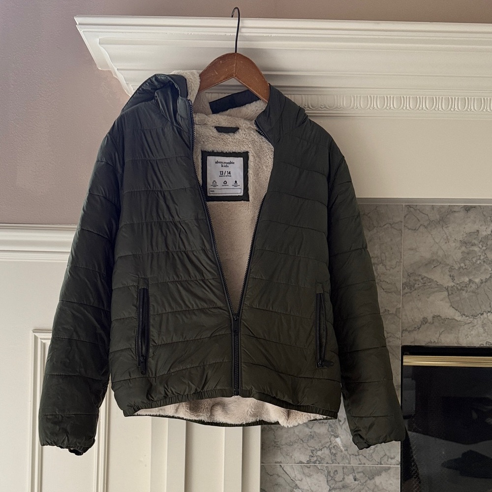 A&F performance puffer Olive Green boys Hooded Puffer Jacket